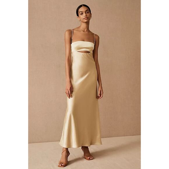 BEC & Bridge Carrie Yellow Satin Silk Sleeveless Cutout Cami Slip Midi Dress 4 - Picture 1 of 12